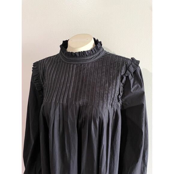 Ganni Women's Black Pintucked Cotton-Poplin Contrast Stitch Dress Size 36 Small - Picture 6 of 16